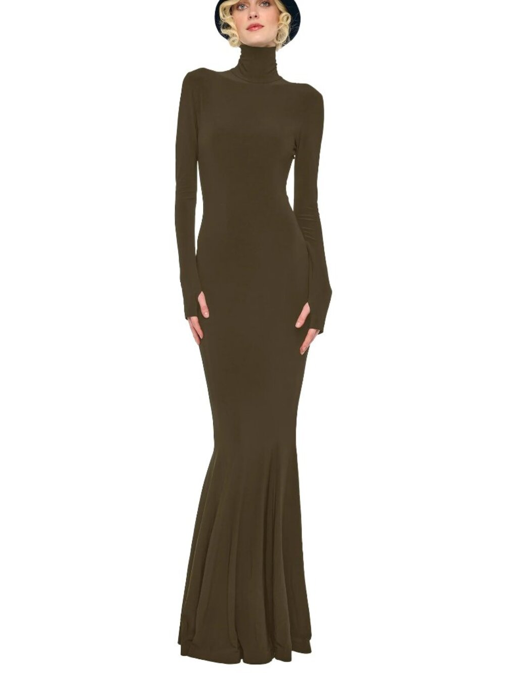 Norma Kamali Bark Long Sleeve Turtle Fishtail Gown, XS